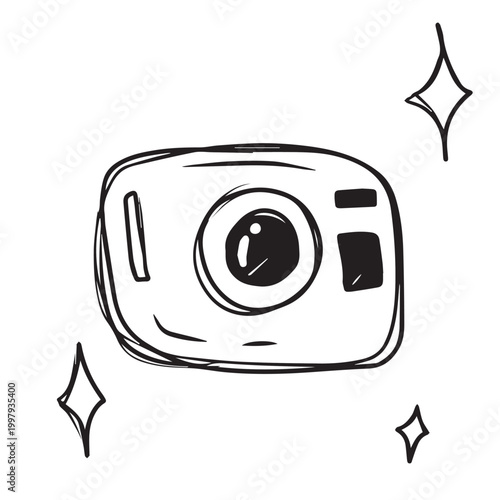 Hand drawn camera icon vector illustration. Photo camera sketch with sparkles for photography studio logo. Digital camera doodle isolated on white background for design.
