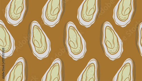 Oyster Seamless Pattern. Handdrawn Shell Seafood Illustration. Marine Coastal Background for Packaging Textile Design