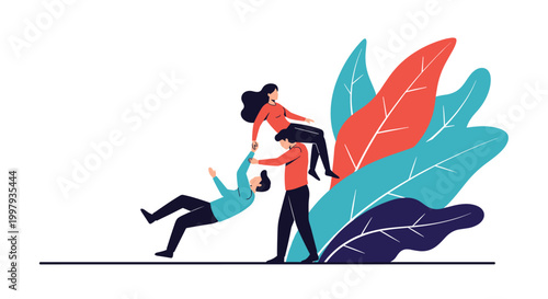 Team of three people help each other climb up toward stylized giant leaves representing support and mutual assistance.