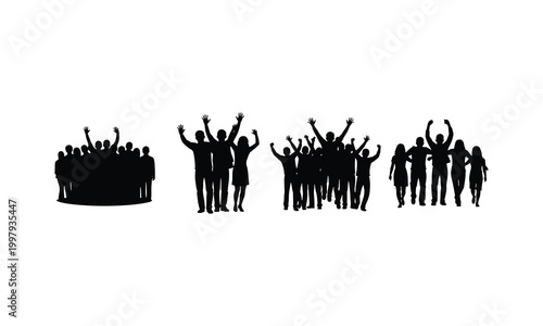 Group of people celebrating with raised hands