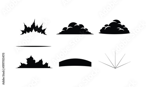 Black silhouette explosion and cloud icons set