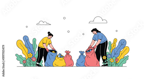 Two eco-friendly women work together to pick up litter and place it into colorful trash bags in a garden setting.