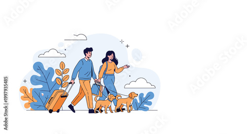 Man and woman travel together with their two dogs while pulling a suitcase and carrying colorful shopping bags outdoors.