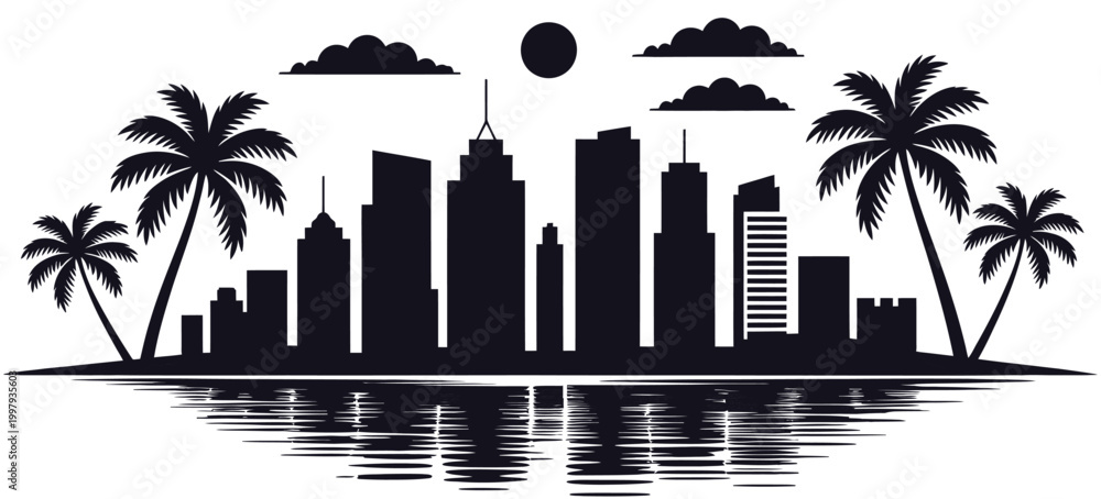 Obraz premium Miami Skyline Silhouette Vector with Palm Trees and High Rise Beach Buildings, Modern Cityscape Outline for Travel, Tourism, Summer Design, and Coastal Urban Illustration