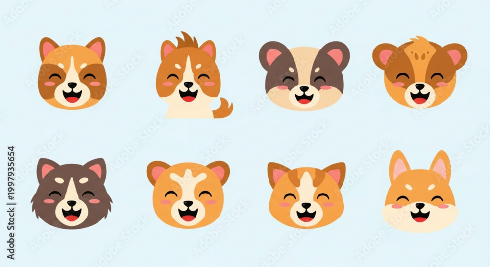 Obraz premium Eight cartoon dogs with happy faces on a light blue background smiling and winking