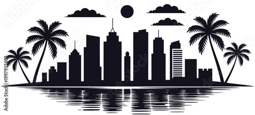 Miami Skyline Silhouette Vector with Palm Trees and High Rise Beach Buildings, Modern Cityscape Outline for Travel, Tourism, Summer Design, and Coastal Urban Illustration