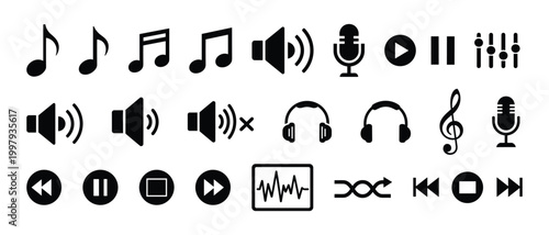 Set of black music and audio icons