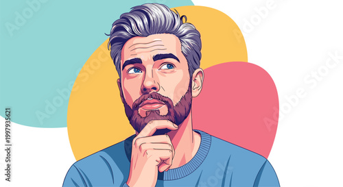 Mature man with stylish grey hair and beard looking upwards thoughtfully with hand on chin against colorful abstract shapes.