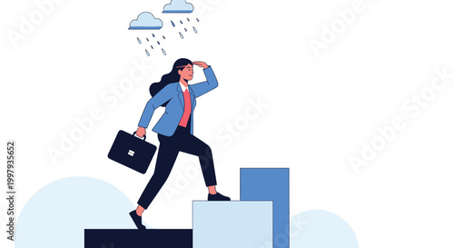 Resilient businesswoman with briefcase climbing steps towards progress despite rainy weather clouds symbolizing work challenges.