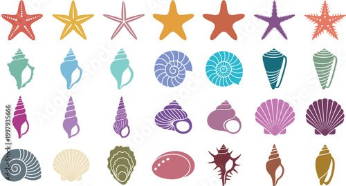 Mega collection of twenty-eight minimalist colorful sea shell and starfish icons featuring scallops nautilus and marine life silhouettes isolated on white.
