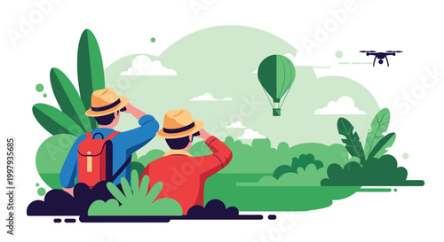 Adventurous couple using binoculars to observe a green hot air balloon and flying drone over lush forested valley landscape.