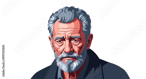 Detailed portrait of an elderly man with thick grey hair and beard looking directly forward with a serious and wise expression.