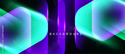 Abstract neon shapes overlap, creating vibrant background. Purple, turquoise hues dominate dark space. Modern design element.