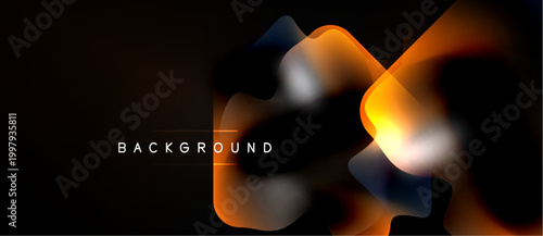 Abstract geometric shapes overlap, creating vibrant orange, blue gradients. Dark background emphasizes glowing forms. Modern design element.
