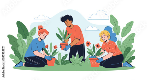 Group of diverse young adults working together to plant bright orange flowers into pots in a lush green outdoor garden space.