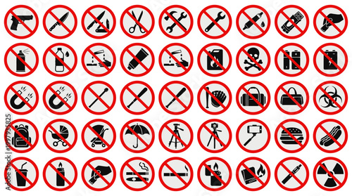 Extensive collection of prohibition symbols featuring diverse silhouette icons for safety, restriction, and warning messages on a white background
