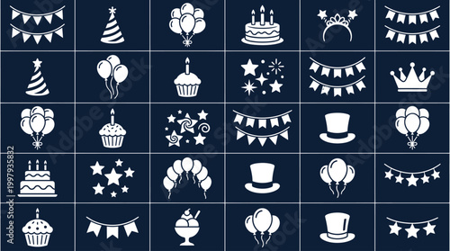 Birthday party and celebration icons silhouette, festive elements collection