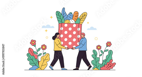 Couple working together to carry a massive polka dot paper bag filled with fresh produce and healthy grocery store items.