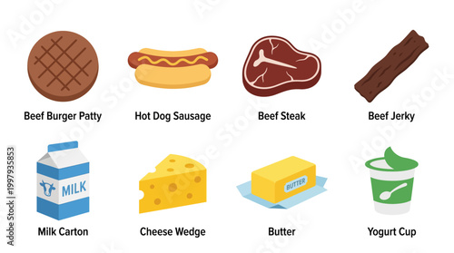 Collection of delicious and popular food items including beef burger patty, hot dog, steak, and milk
