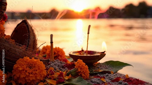 Spiritual ganga dussehra ritual with burning diya and flowers at sunset by the holy ganges river.
