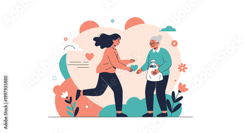 Kind young woman running to deliver a bag of healthy food supplies to a grateful elderly woman in a heartwarming community scene.