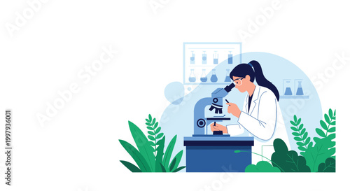 Female scientist in a white coat conducting research by looking through a microscope in a professional laboratory environment.