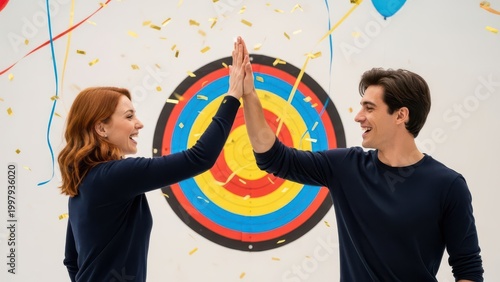 Celebratory high five in front of a colorful bullseye