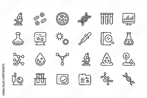 Chemistry and research icons showing laboratory equipment analysis and scientific discovery