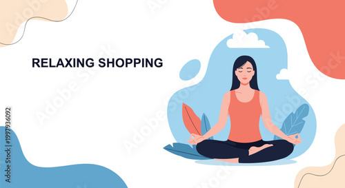 Calm woman sitting in a lotus meditation pose for relaxation with a blue background and relaxing shopping text on the left.
