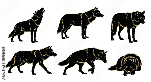 Black Wolf Silhouettes in Various Poses ? Wild Animal Vector Set