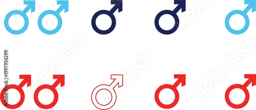 Male gender symbol vector set featuring blue and red Mars signs in various styles like outline, solid, and double for healthcare, dating apps, social identity, and biological research infographics.