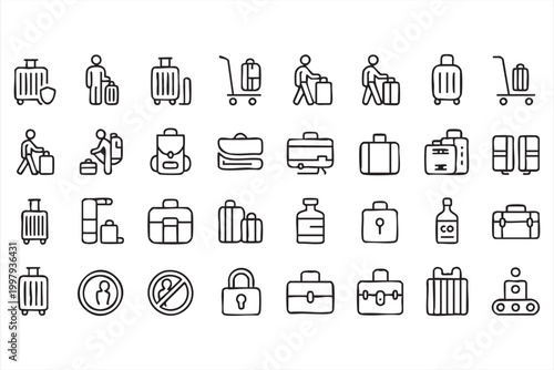 Airport baggage icons showing suitcase backpack checkin and travel transport symbols