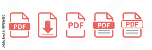 PDF file format icons set, PDF file download symbols with document types for text images vector graphics videos and interactive forms clean vector illustration