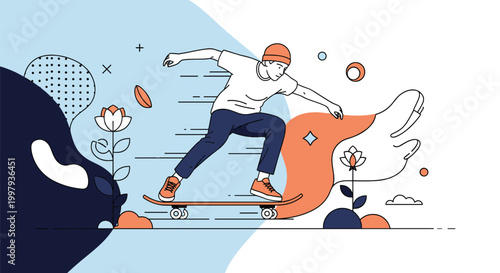Cool skateboarder performing a trick on his board against an artistic background of flowers, abstract shapes, and dynamic lines.