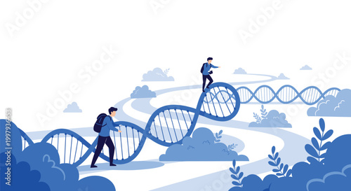 Explorers with backpacks walking along a giant blue DNA double helix structure in a conceptual landscape of clouds and hills.