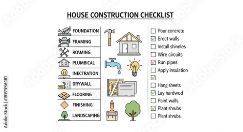 House construction checklist, building plan icons, architecture symbols, home design elements