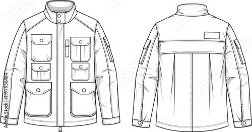 Men utility jacket technical flat sketch front and back view multiple pockets outerwear fashion design illustration apparel template