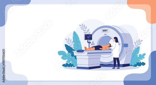 Medical professional monitoring a patient undergoing an MRT diagnostic scan in a modern hospital radiology department.
