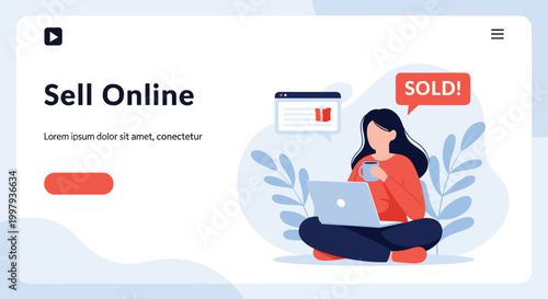 Woman sitting cross-legged while using her laptop to sell products online and drinking coffee in a relaxed home environment.