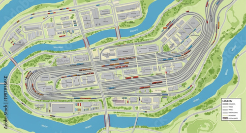 Aerial View of a Large Industrial Train Yard and Freight Hub.