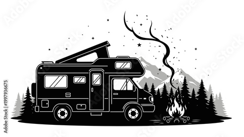 Black motorhome parked by campfire.