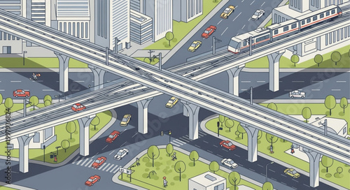 Modern City Transportation Network with Elevated Train Tracks and Roads.