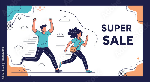 Excited man and woman running towards a big shopping event with super sale text in a modern flat vector illustration style for retail ads.