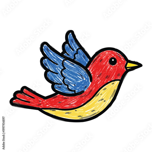 Red bird with blue wings and yellow belly flying right