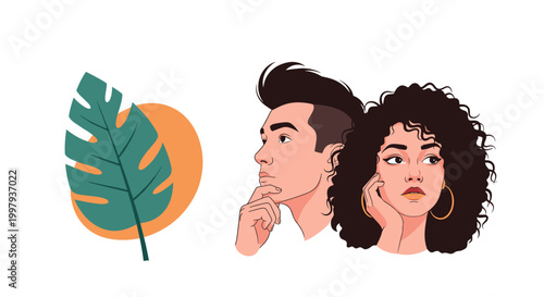 Man and woman looking thoughtful in profile against a background with a large tropical monstera leaf and an orange sun circle element.