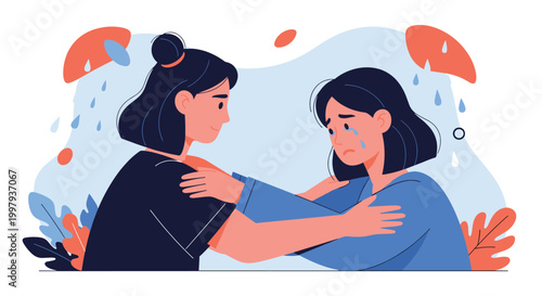 Supportive young woman comforting her friend who is crying and feeling sad during a difficult moment in a compassionate and gentle scene.