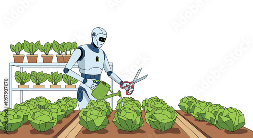 Futuristic agricultural robot watering and pruning geometric green plants in a high-tech indoor farm setting for smart farming technology.