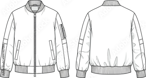 Bild auf Leinwand Men’s bomber jacket technical flat sketch front and back view with zipper pocket