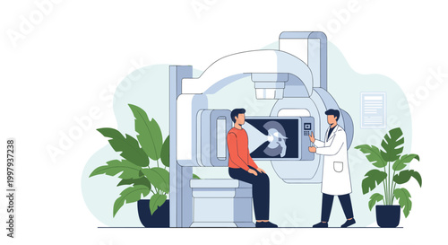 Patient undergoing a scan with a sophisticated imaging machine while a doctor in a white coat operates controls in a modern clinic setting.