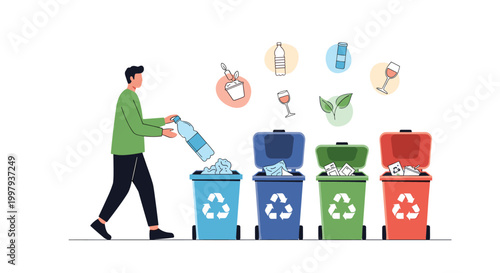 Man responsibly sorting domestic waste into color-coded recycling bins for plastic, paper, glass, and organic materials to protect nature.